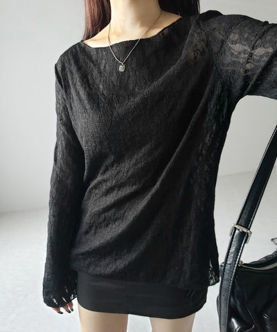 【 ２color 】ワイドスリーブオーバーシアーレーストップス ／ wide sleeve over sheer lace tops