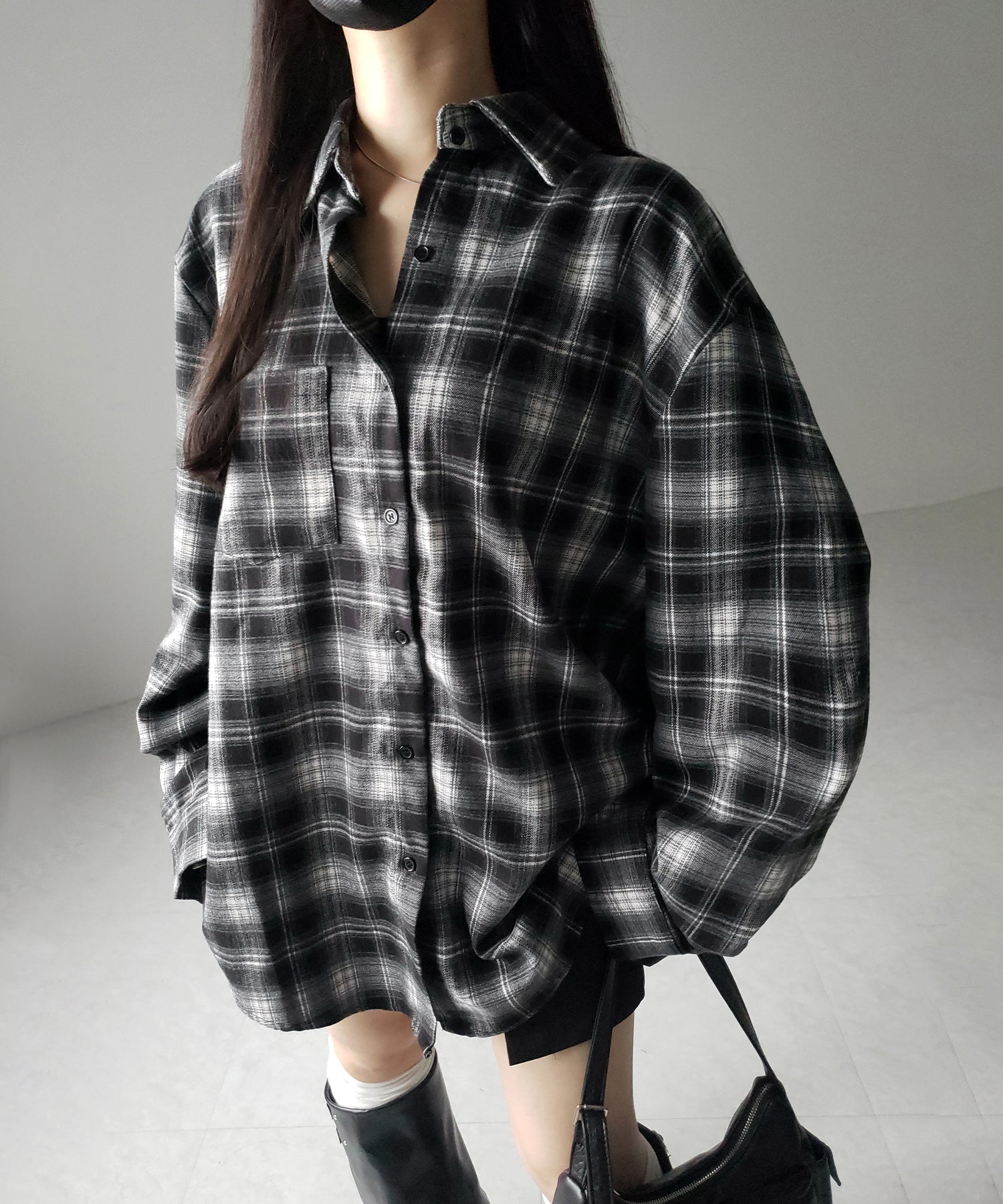 ビッグシルエットブラックチェックネルシャツ ／ big silhouette black check flannel shirt
