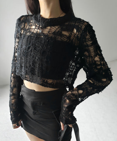 【 ２color 】クラッシュダメージショートシアーニット ／ crush damage short sheer knit