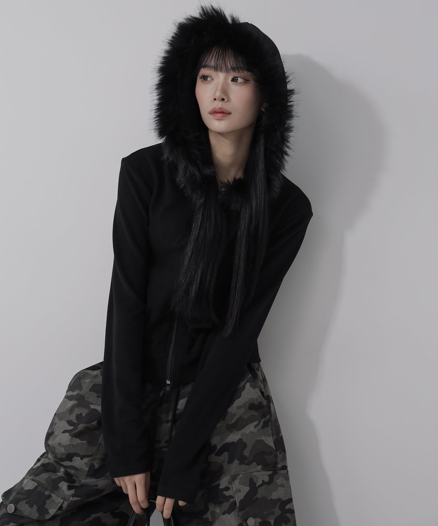 【 ３color 】ファーフードジップアップパーカー ／ fur zipup hoodie