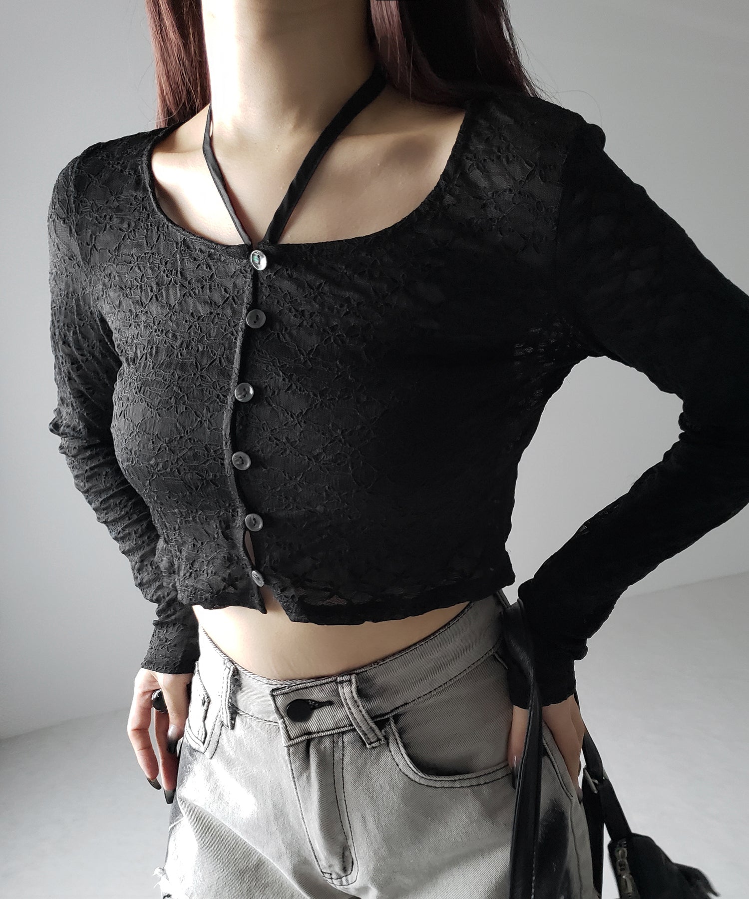 【 ２WAY 】クロスストラップリボンショートレースカーディガン ／ cross strap ribbon short lace cardigan