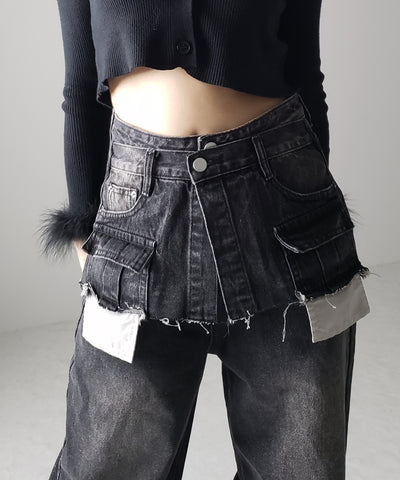 【 ４size ／ ２color 】ダブルウエストダメージレイヤードヴィンテージルーズデニム