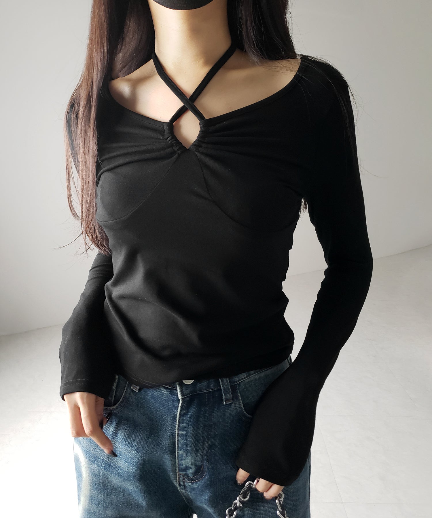 【 ３WAY 】クロスストラップリボンギャザーカットソートップス ／ cross strap ribbon gather cutsew tops