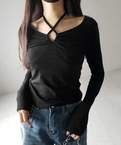 【 ３WAY 】クロスストラップリボンギャザーカットソートップス ／ cross strap ribbon gather cutsew tops