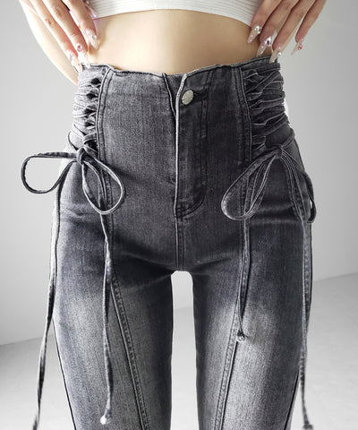 サイドレースアップリボン美脚ストレッチフレアデニム ／ side laceup ribbon slim leg stretch flare denim