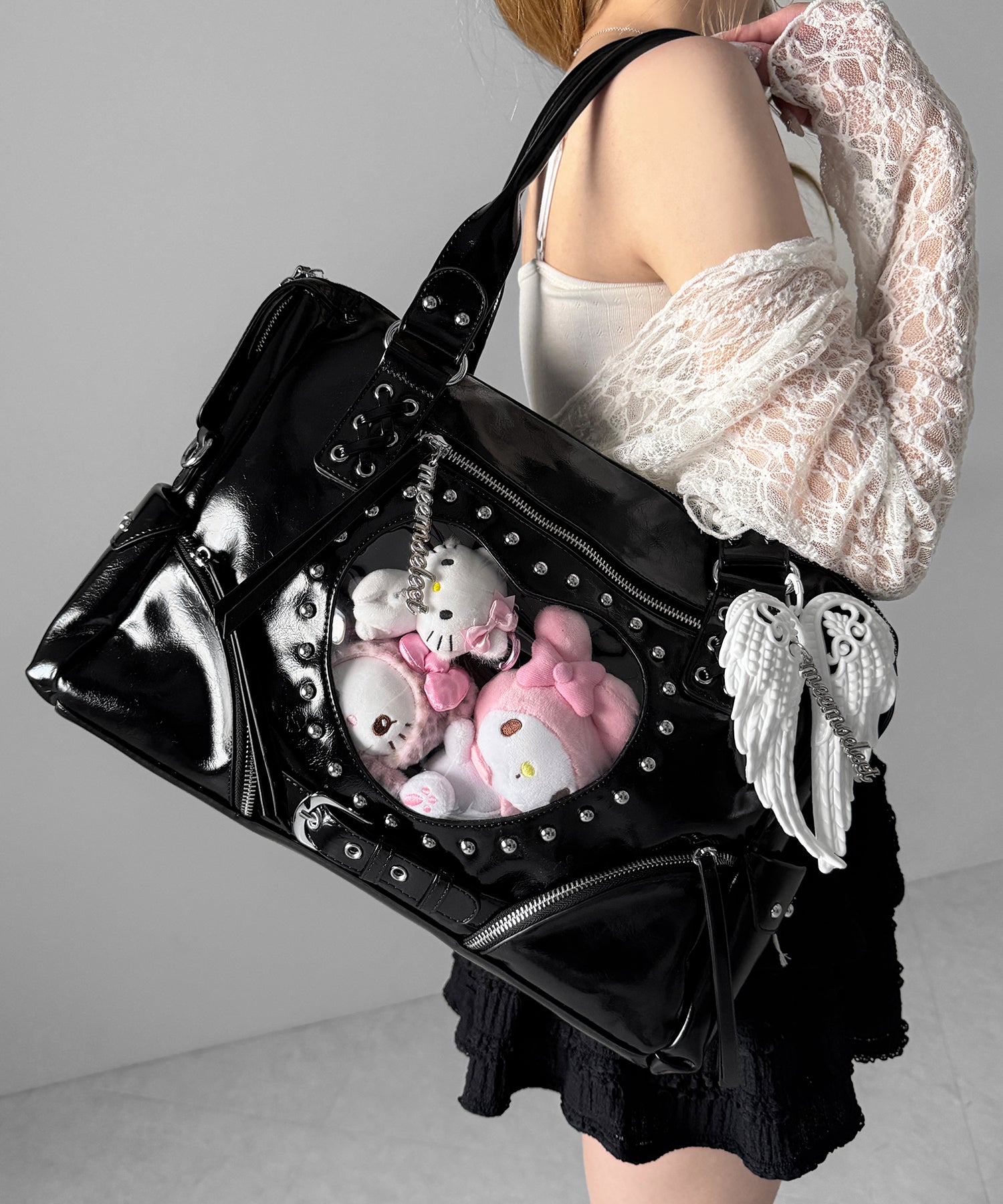 【 限定先行販売 】ハートクリアポケットスタッズフェイクレザートートバッグ ／ heart clear pocket studs fake leather tote bag