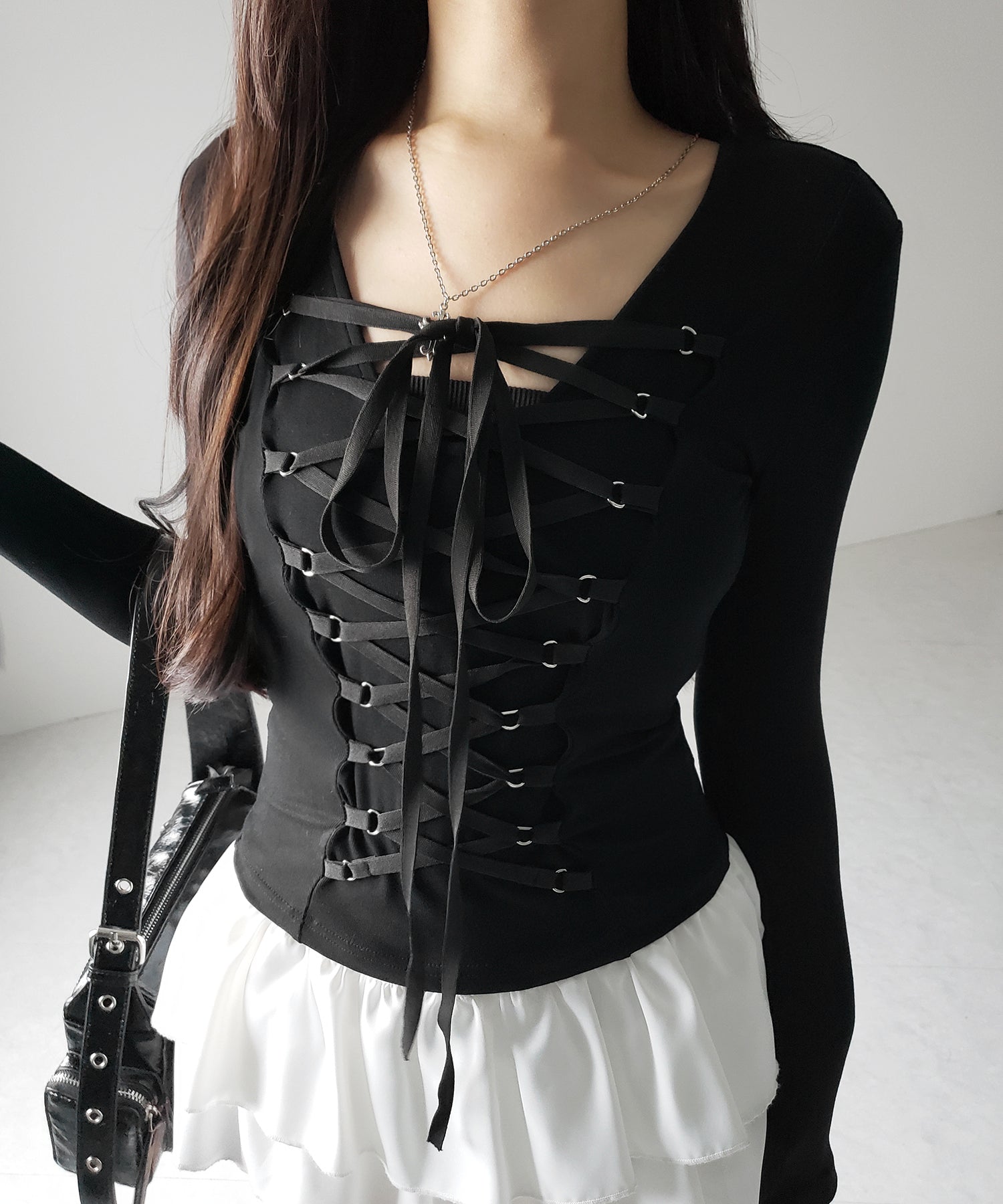 【 ３WAY ／２color 】レースアップコルセットリボンチョーカートップス ／ lace up corset ribbon choker tops