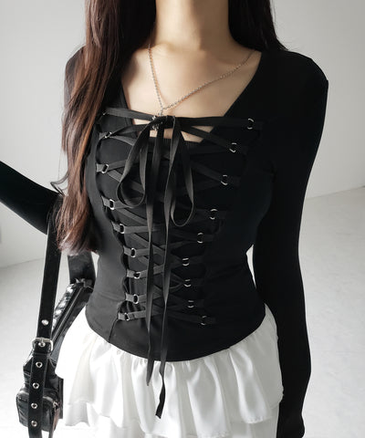 【 ３WAY ／２color 】レースアップコルセットリボンチョーカートップス ／ lace up corset ribbon choker tops