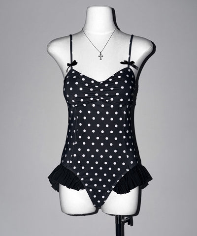 【 レディース水着 】ドットリボンフリルワンピース水着 ／ Dot ribbon frill onepiece swimwear