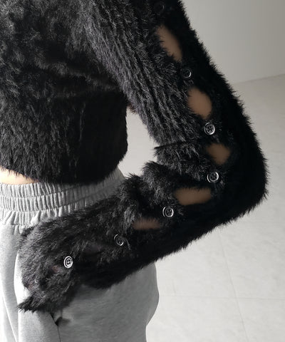 【 ３color 】カットアウトスリットスリーブショートシャギーニット ／ cutout slit sleeve short shaggy knit