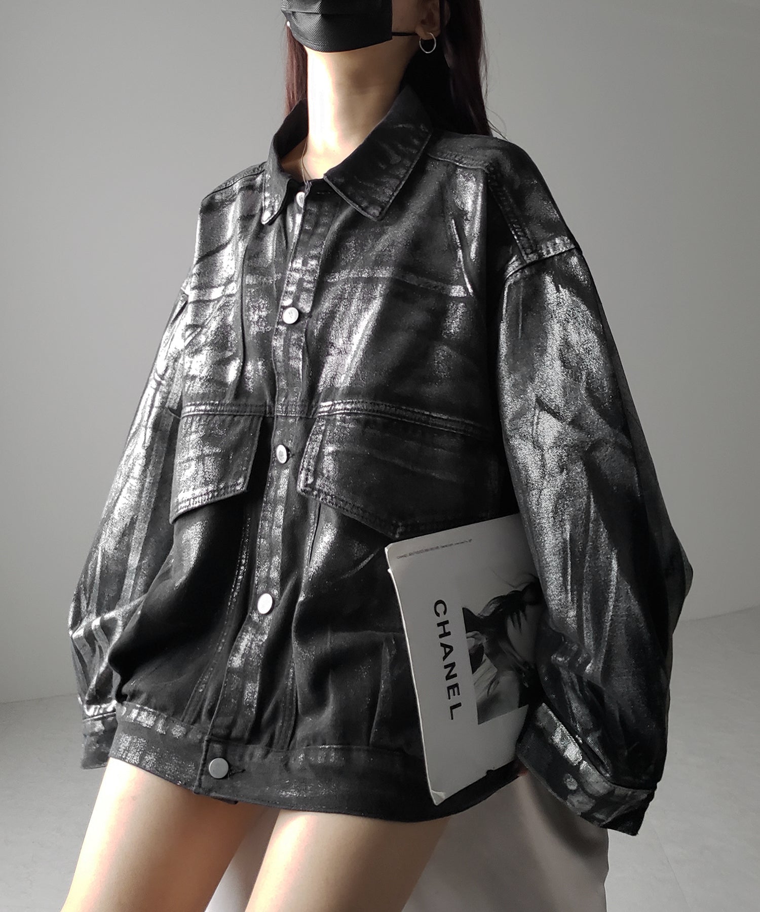 【 ２color 】メタリックハクプリントビッグシルエットボーイフレンドウォッシュデニムジャケット