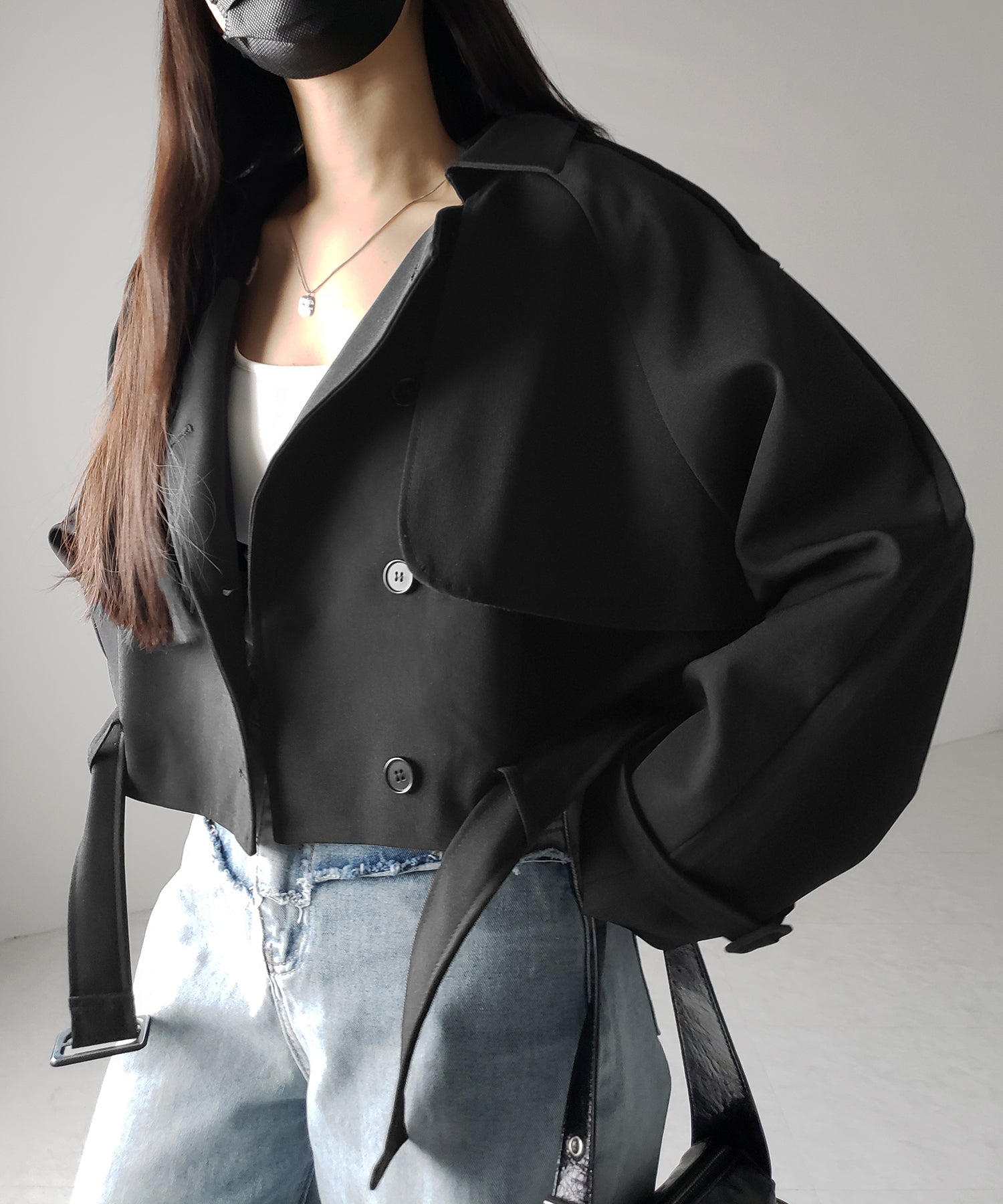 2color 】ベルテッドショートトレンチコート ／ belted short