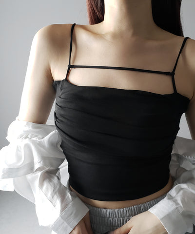【 カップ付き／２WAY 】ラインストラップタックショートキャミソール ／ line strap tuck short camisole