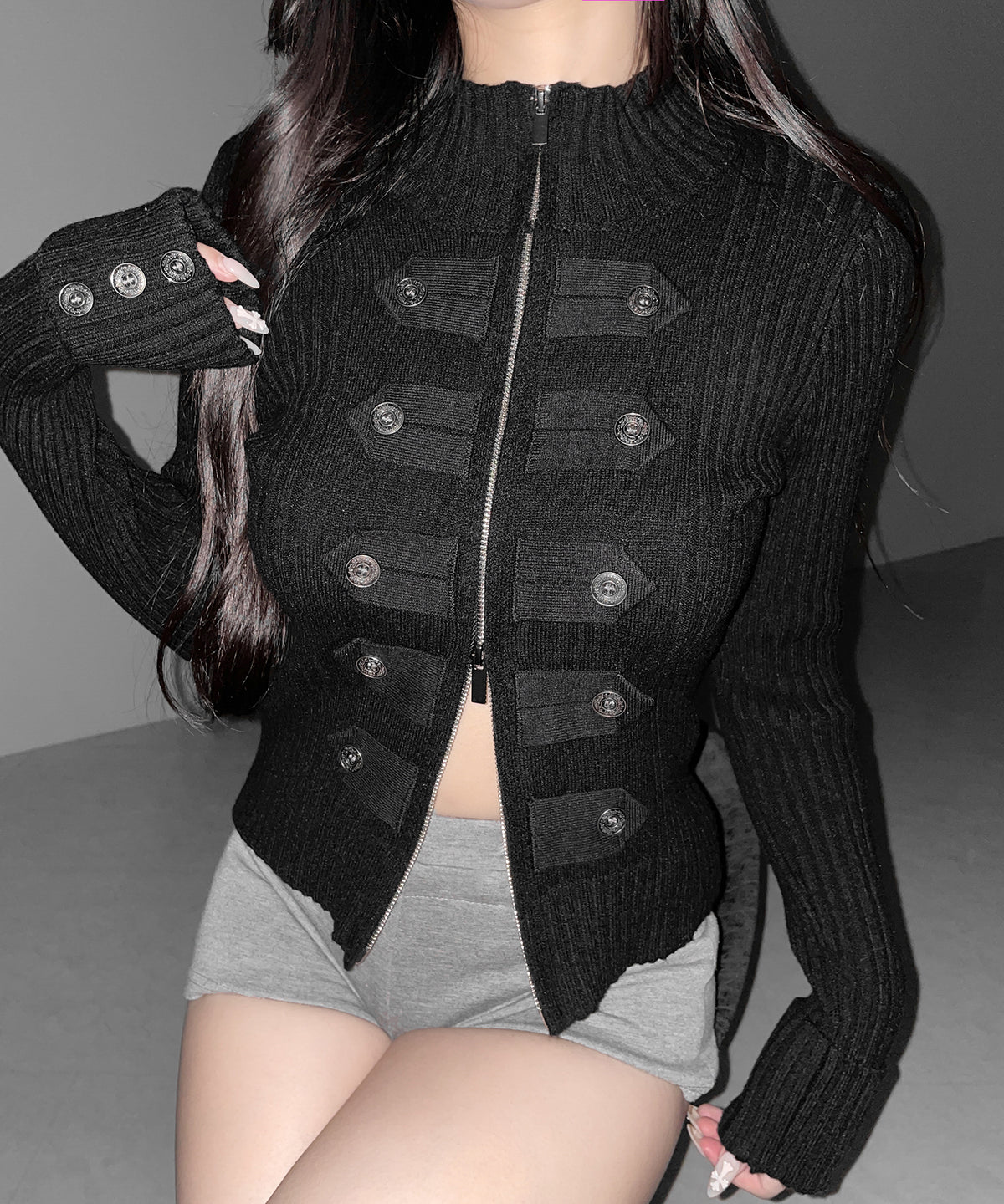 ナポレオンジップアップスリムリブニットカーディガン ／ Napoleon zipup slim rib knit cardigan