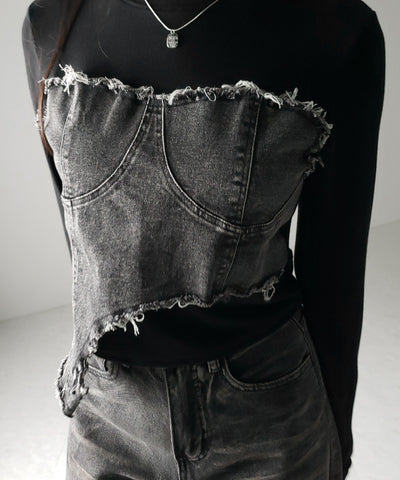 【 ２color 】ダメージデニムビスチェドッキングＴシャツ ／ damage denim bustier docking Tee