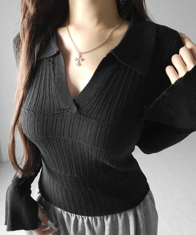 スキッパーネックスリムリブニットトップス ／ skipper neck slim rib knit tops