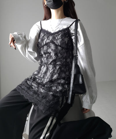 【 ２color 】チュールドッキングレースチュニックキャミソール ／ tulle docking lace tunic camisole