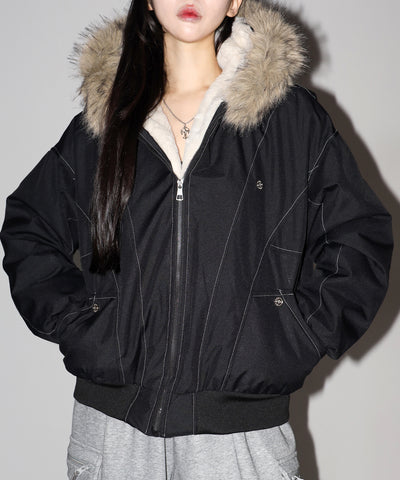 配色ステッチファーフード中綿オーバーブルゾン ／ stitch fur hood fake down over blouson