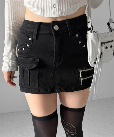 スタッズジップデザインストレッチデニムミニスカパン／ studs zip design stretch denim mini skirt pants