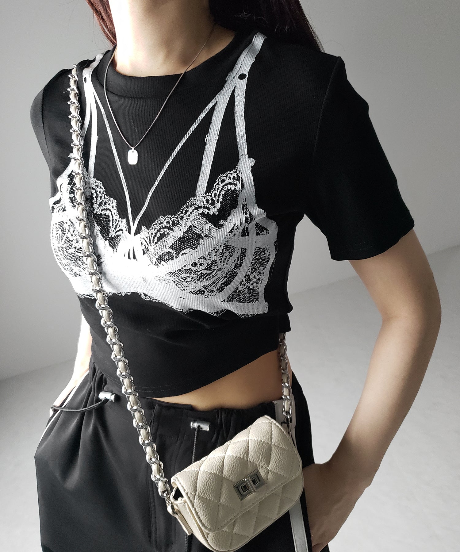 【 ３color 】レースランジェリー半袖クロップドＴ ／ lace lingerie short sleeve cropped T