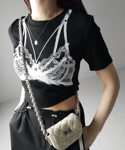【 ３color 】レースランジェリー半袖クロップドＴ ／ lace lingerie short sleeve cropped T