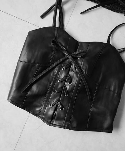 レースアップフロントリボンフェイクレザービスチェ ／ lace up front ribbon fake leather bustier