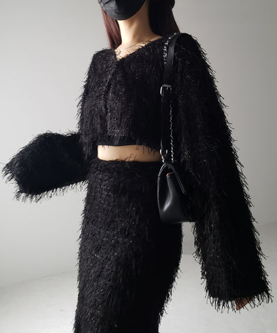 【 セットアップ可能 】シャギーフリンジショートカーディガン ／shaggy fringe short cardigan