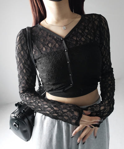 【 ２color 】フロントボタンショートレースカーディガン ／ front button short lace cardigan