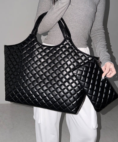【 A4収納可 】フェイクレザーキルティングトートバッグ ／ fake leather quilted tote bag