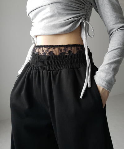 【 ２color 】ウエストレースドッキングワイドスウェットパンツ／ waist lace docking wide sweat pants