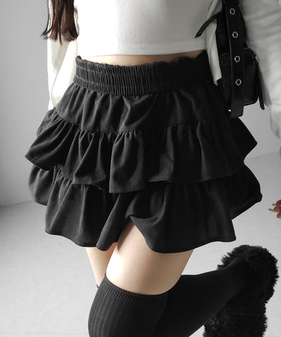 【 無地 or レオパードから選べる ／ インパン裏地付 】コーデュロイティアードフリルミニスカート ／ corduroy tiered frill mini skirt