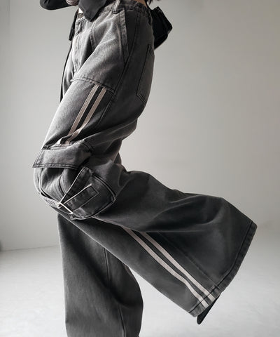 【 ２color ／ ４size 】サイドラインストレートカーゴデニムパンツ ／ sideline straight cargo denim pants