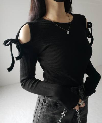 【 ３color 】カットアウトショルダーリボンリブトップス ／ Cut-out shoulder ribbon rib tops