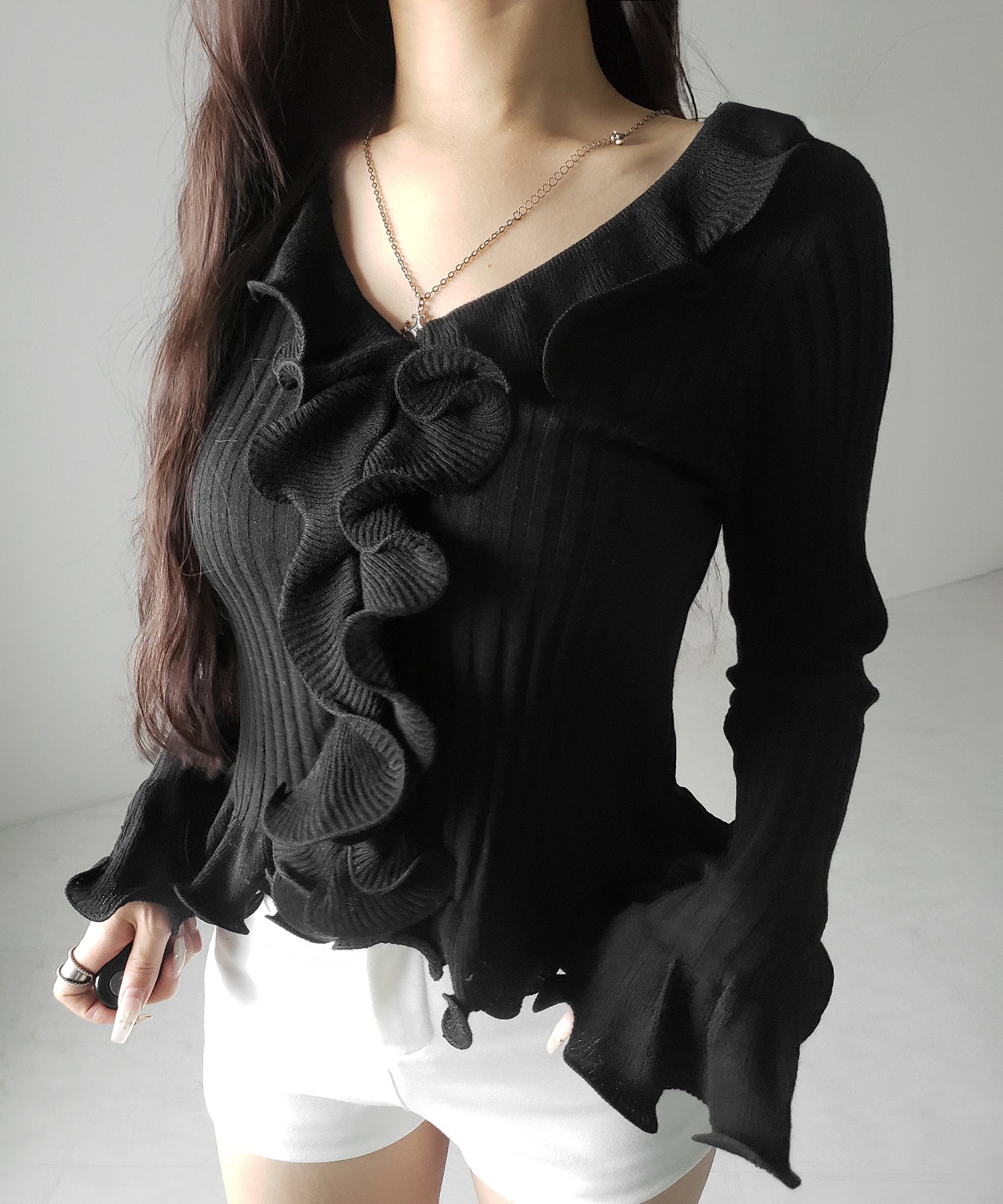 シアーフリル長袖リブニットカーディガン ／ sheer frill long-sleeve ribbed knit cardigan