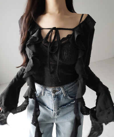 【 ２color 】ダメージフリルショートリボンカーディガン ／ damage frill short ribbon cardigan