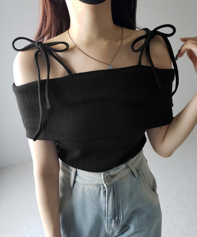 【 ２color 】ダブルリボンオフショルダーリブトップス ／ double ribbon off-shoulder rib tops