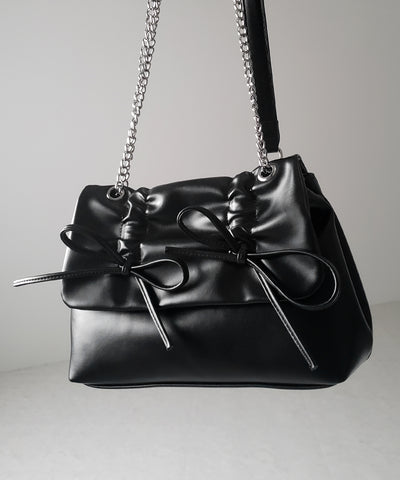 【 ３color 】ダブルリボンフェイクレザーチェーンショルダーバッグ ／ double ribbon fake leather chain shoulder bag