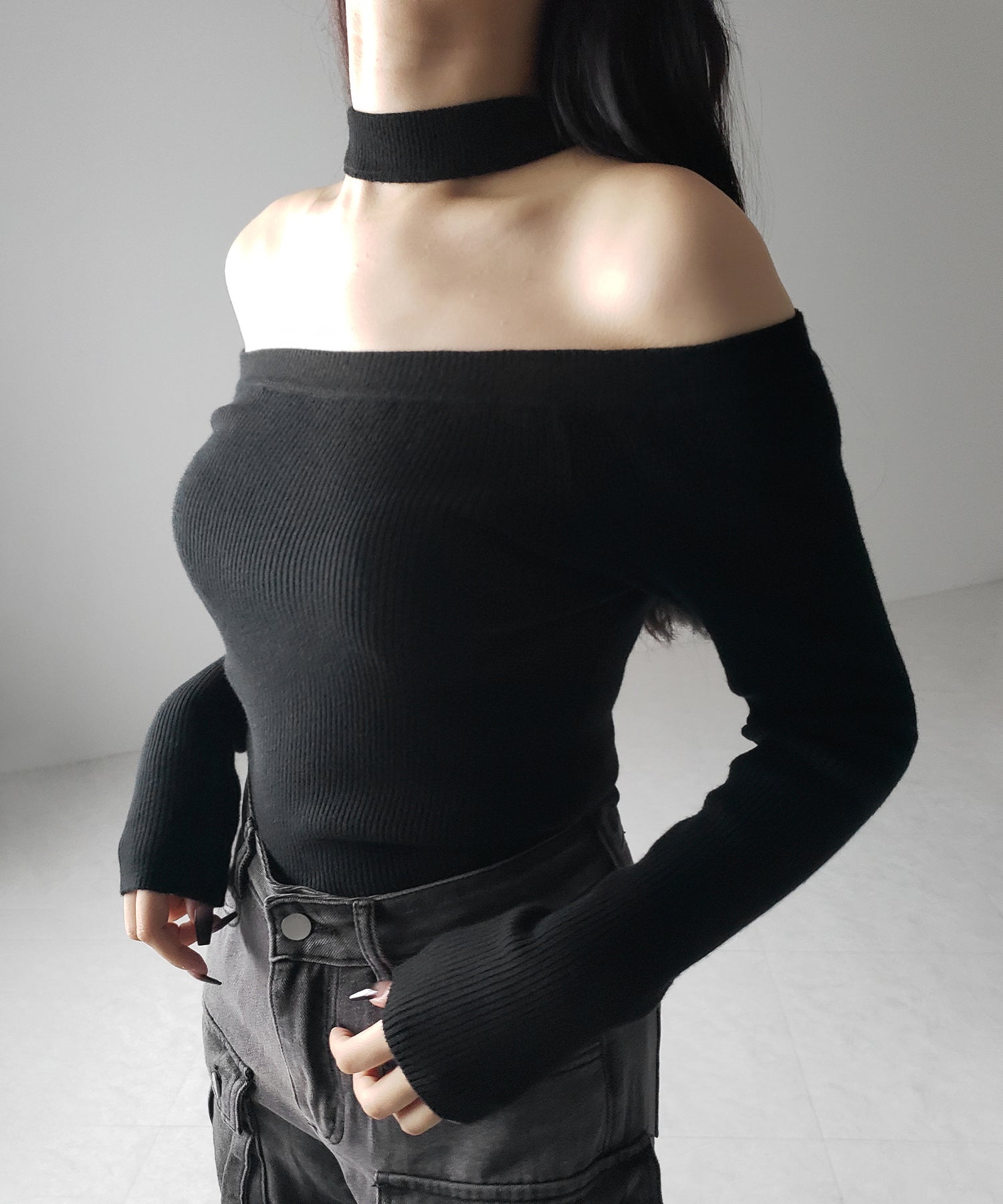 【 ２color 】チョーカーオフショルリブニットトップス ／choker offshoulder lib knit tops
