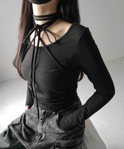 【 ３color 】クロスストラップロングチョーカーリボントップス ／ cross strap long choker ribbon tops