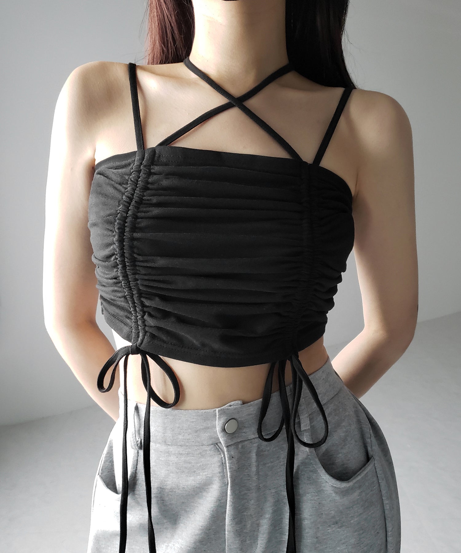 【 ３color 】３WAYクロスストラップリボンシャーリングショートキャミソール ／ 3WAY cross strap ribbon shirring short camisole