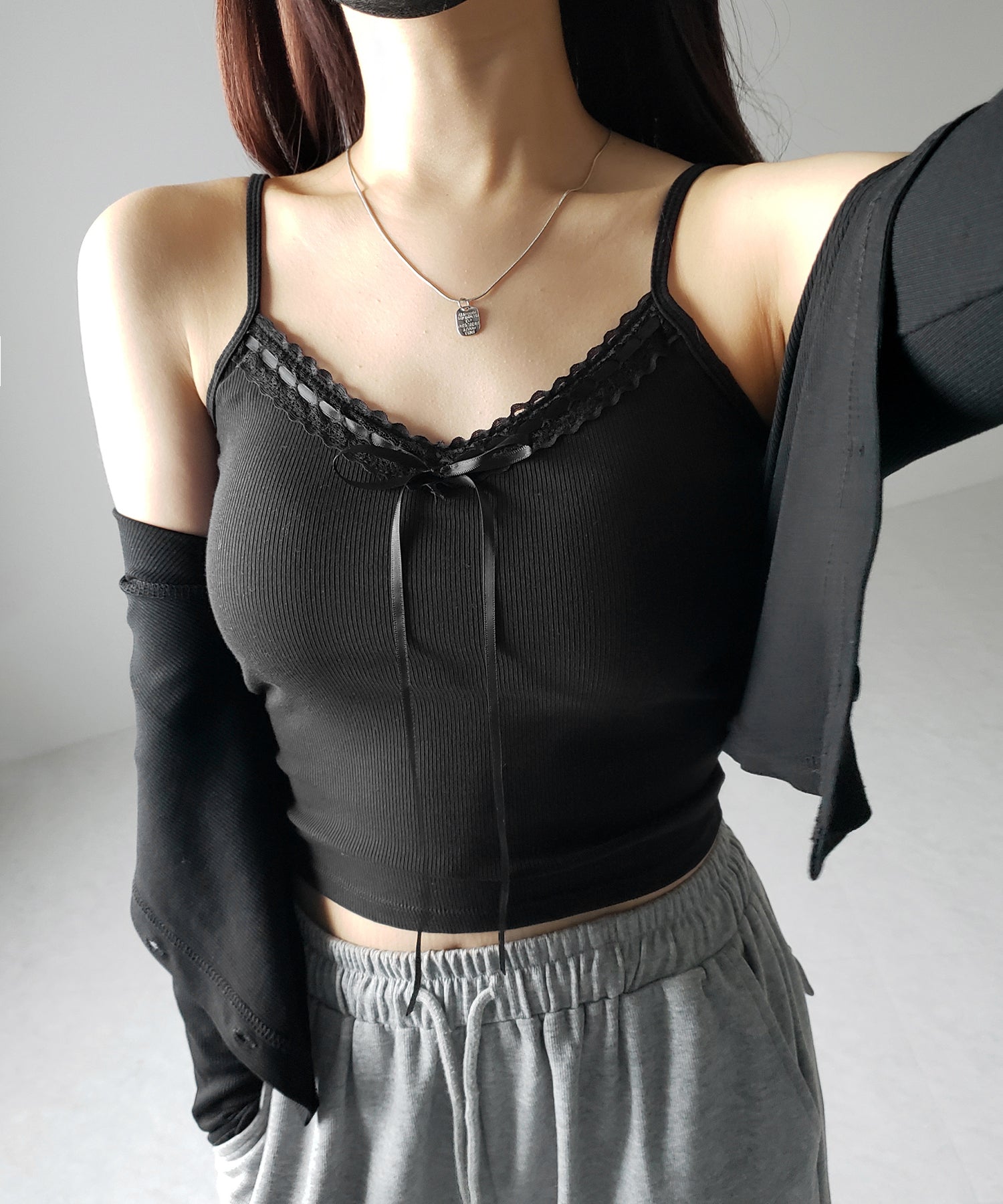 【 カップ付き 】サテンリボンレースリブキャミソール ／ satin ribbon lace lib camisole