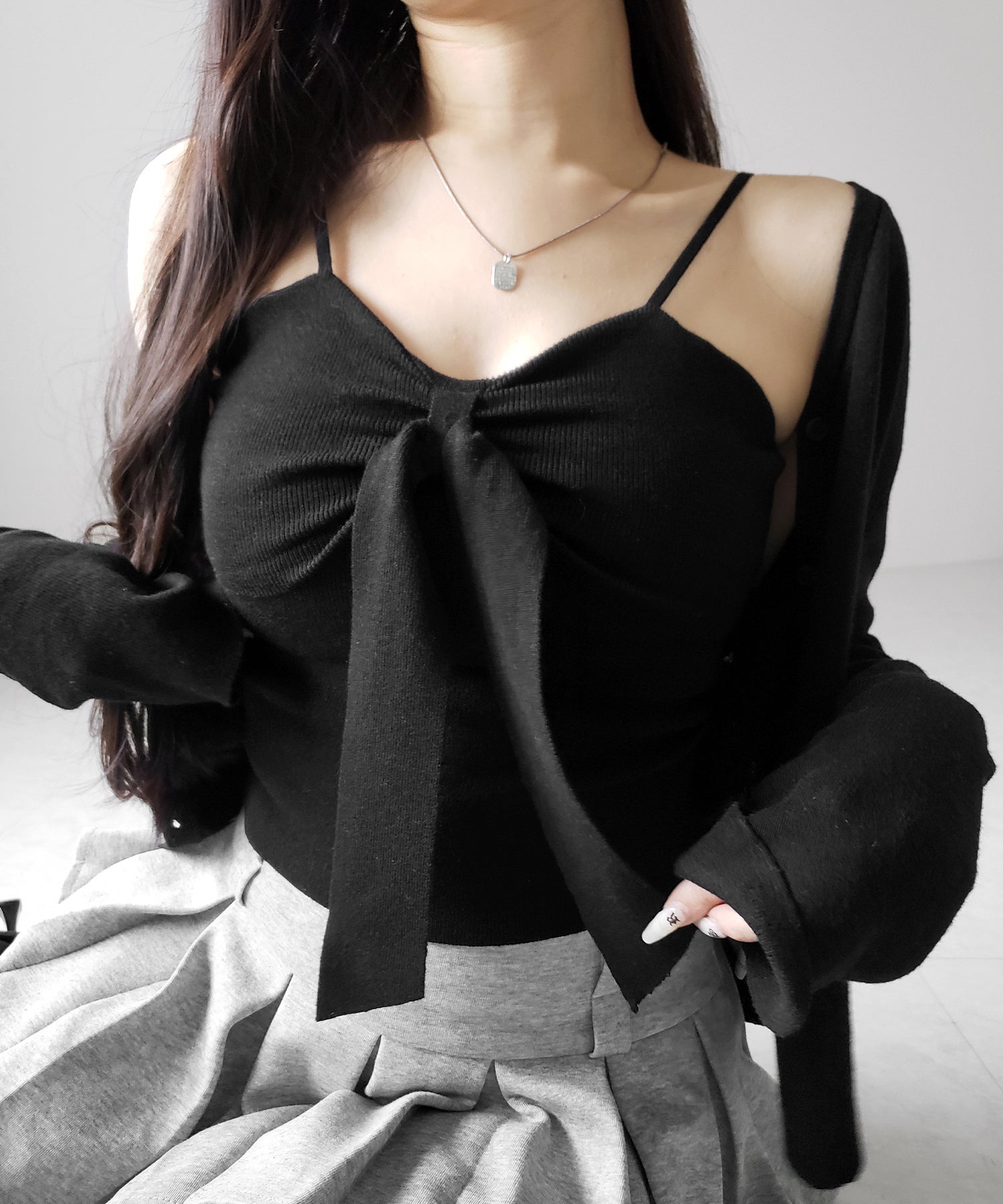 【 ２点セット 】リボンニットキャミソール ＋ カーディガンセット ／ribbon knit camisole + cardigan SET