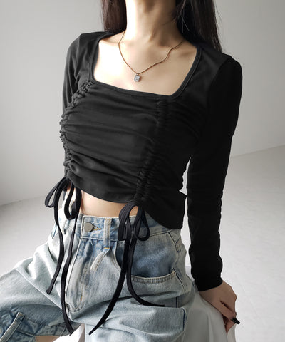 【 ３color 】 ダブルシャーリングリボンスクエアネックトップス ／ double shirring ribbon square neck tops