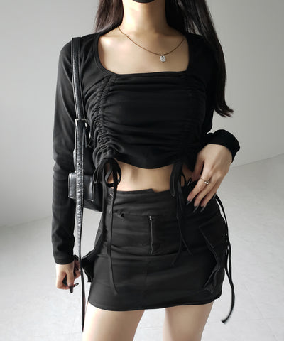 【 ３color 】 ダブルシャーリングリボンスクエアネックトップス ／ double shirring ribbon square neck tops
