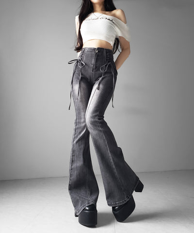 サイドレースアップリボン美脚ストレッチフレアデニム ／ side laceup ribbon slim leg stretch flare denim