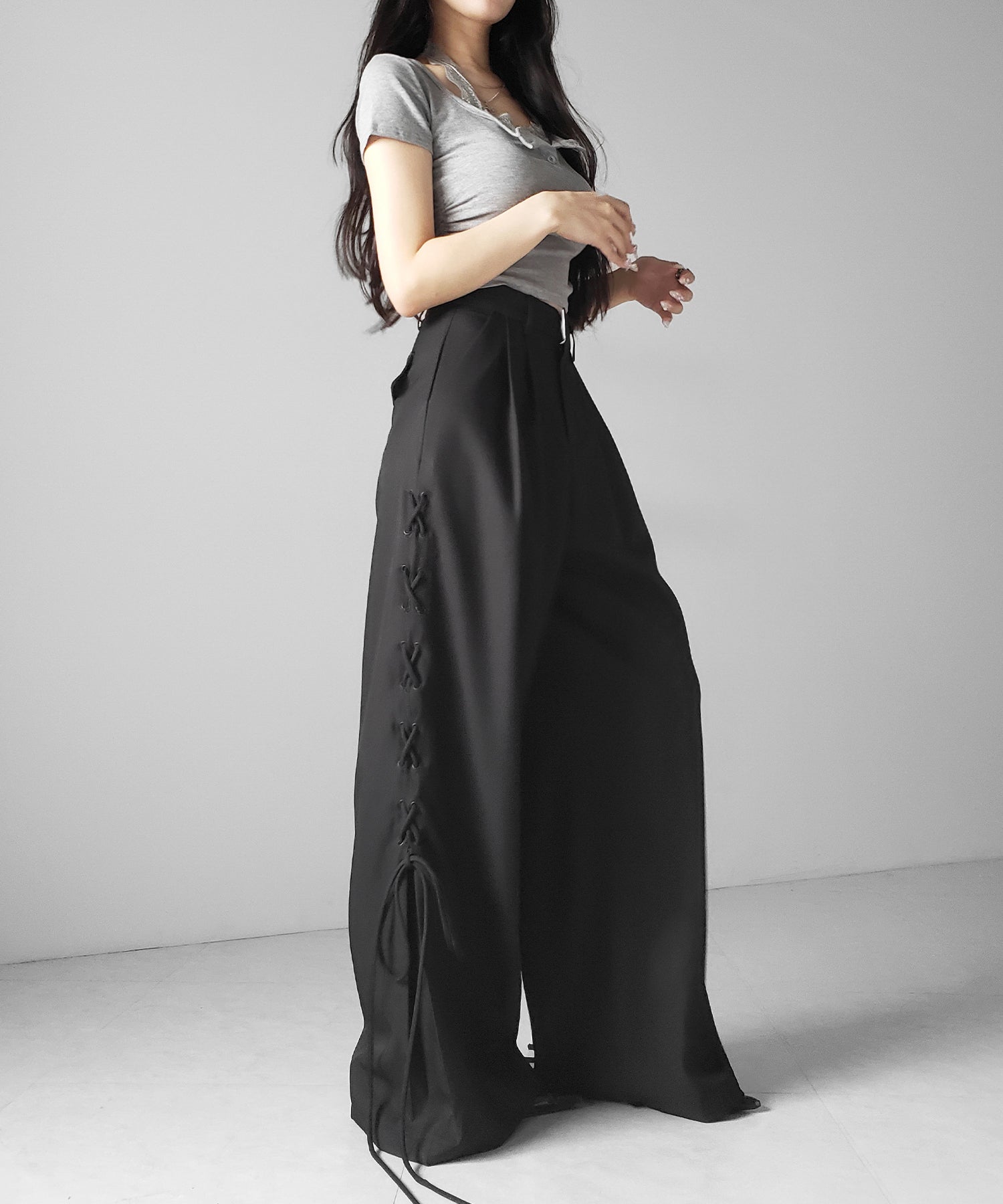 レースアップダブルタックワイドスラックス ／ laceup double tack wide slacks
