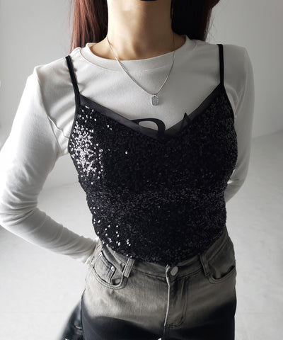 【 カップ付き 】シアースパンコールショートキャミソールビスチェ ／ sheer spangle short camisole bustier