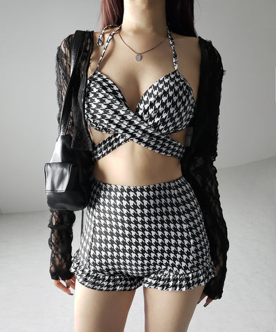 【 レディース水着／２点セット 】千鳥格子柄クロスウエストリボンハイウエストビキニ ／ houndstooth pattern cross waist ribbon high waist bikini