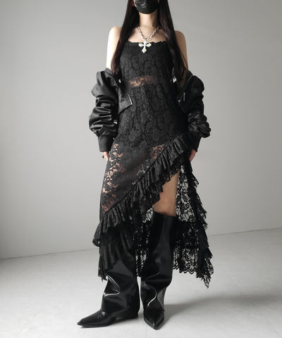 【 ２color 】アシンメトリーフリルレイヤードレースキャミワンピース ／ asymmetry frill layered lace cami onepiece