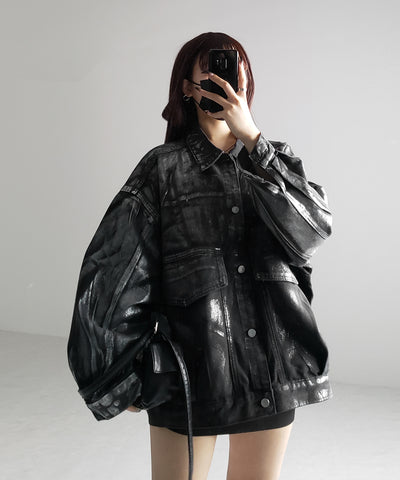 【 ２color 】メタリックハクプリントビッグシルエットボーイフレンドウォッシュデニムジャケット